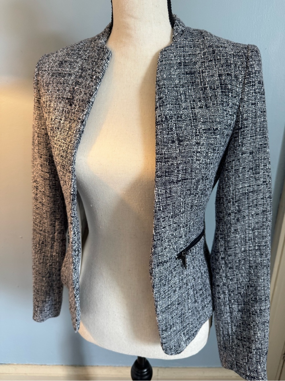 H&M Black & White Textured Open-Front Blazer